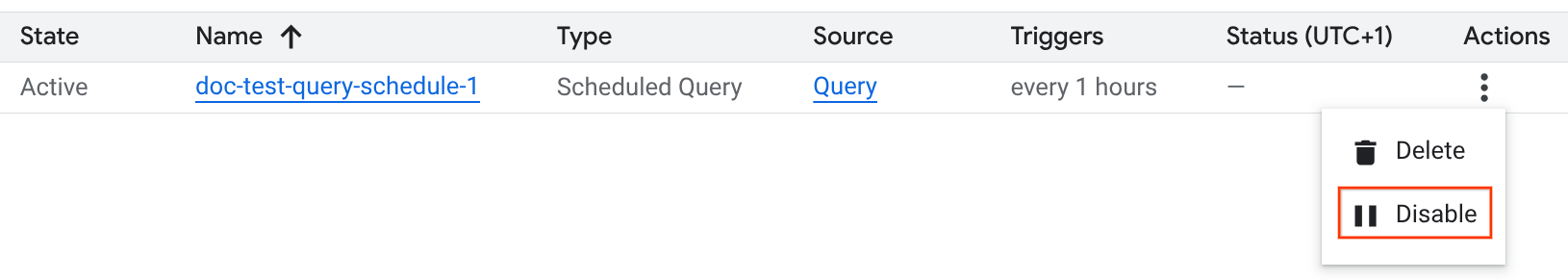 Disable a scheduled query on the Scheduling page.